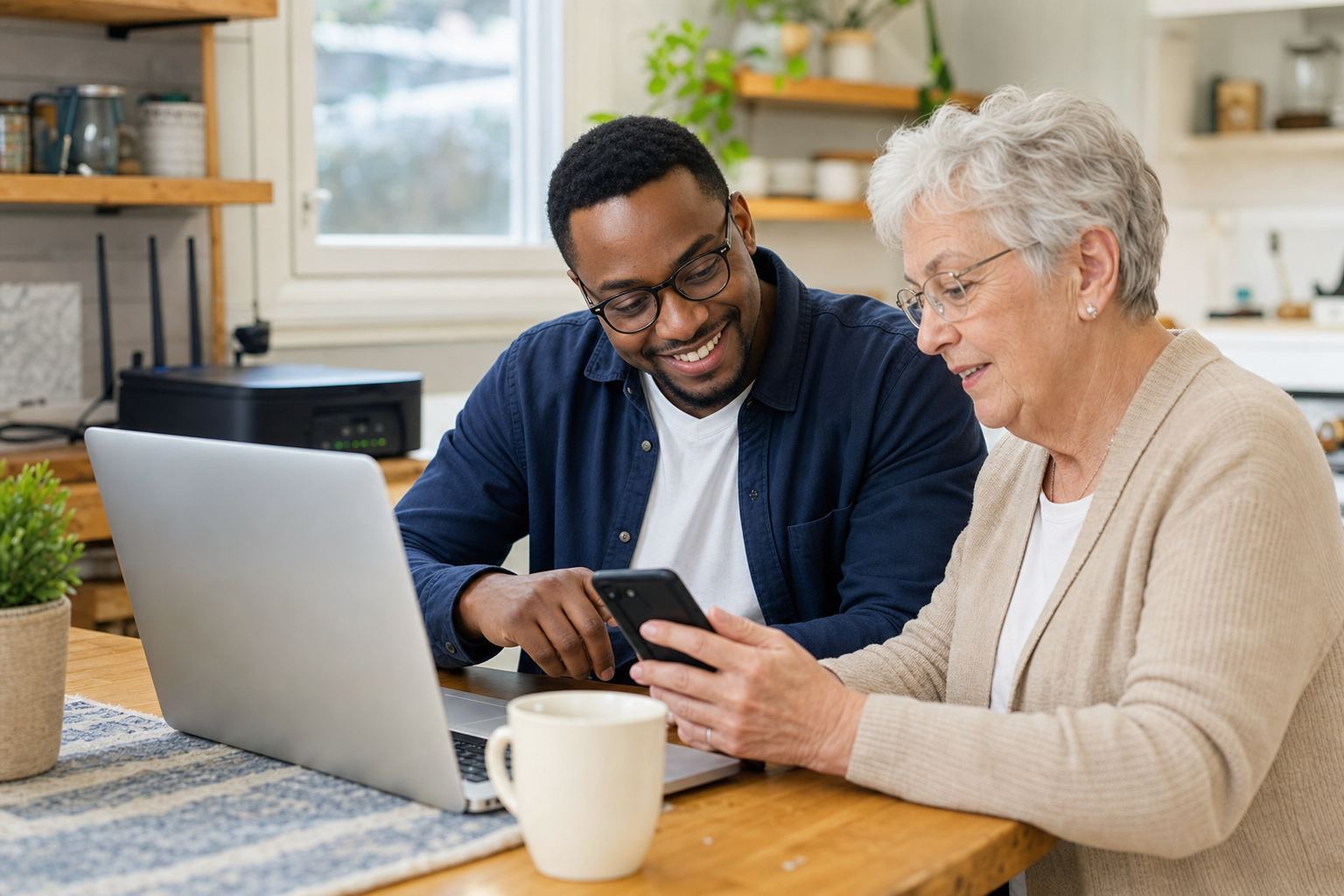 Technicien à domicile aidant une famille avec ordinateur et téléphone — Mon Informaticien Maison